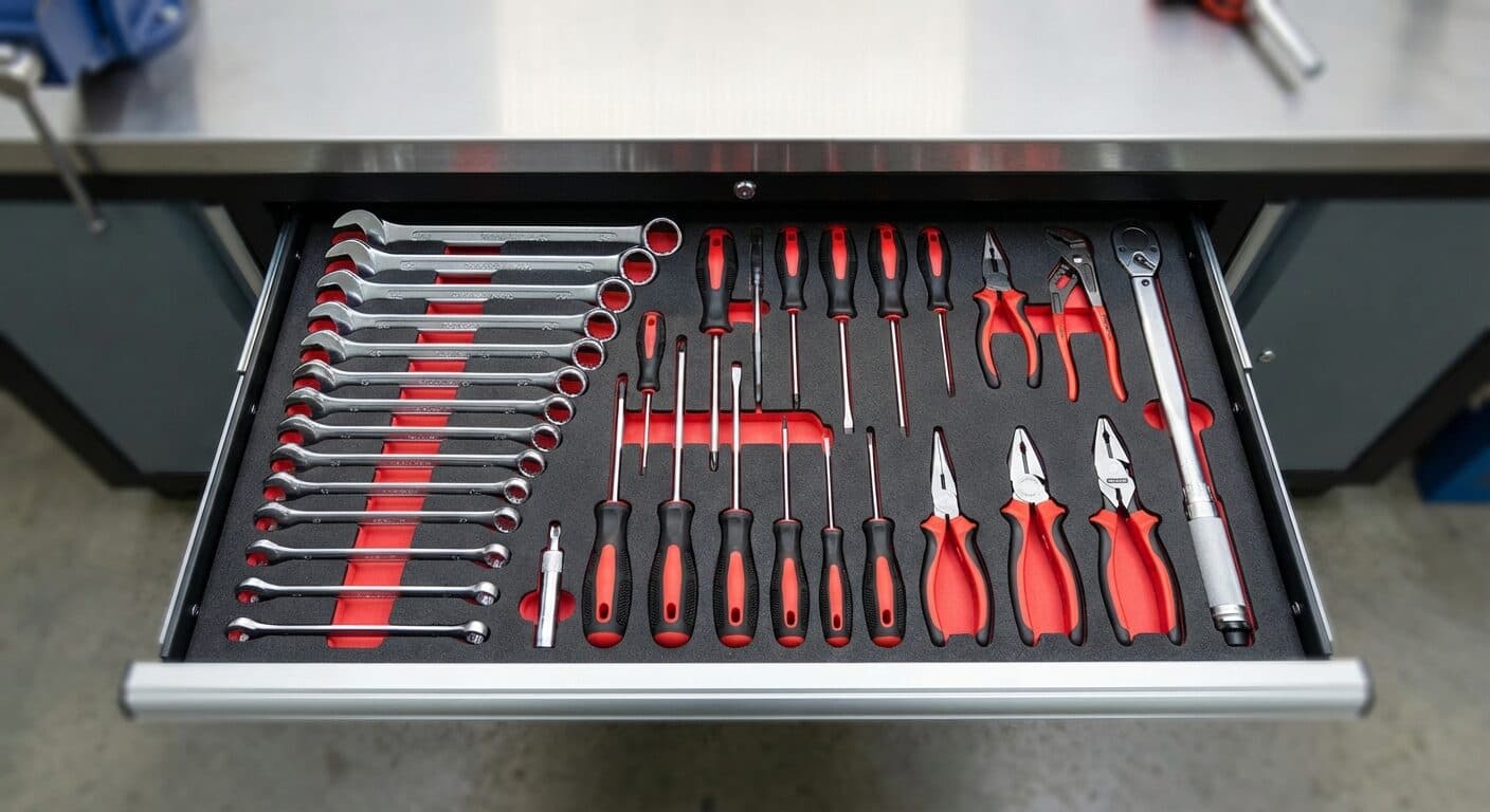 Organized tool drawer with custom foam inserts