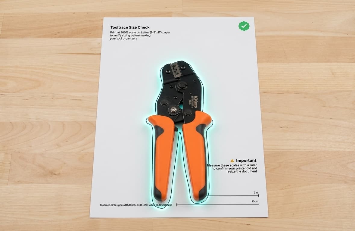 The real crimping tool resting on its printed size-check outline with the outline glowing softly around its silhouette and a green checkmark badge