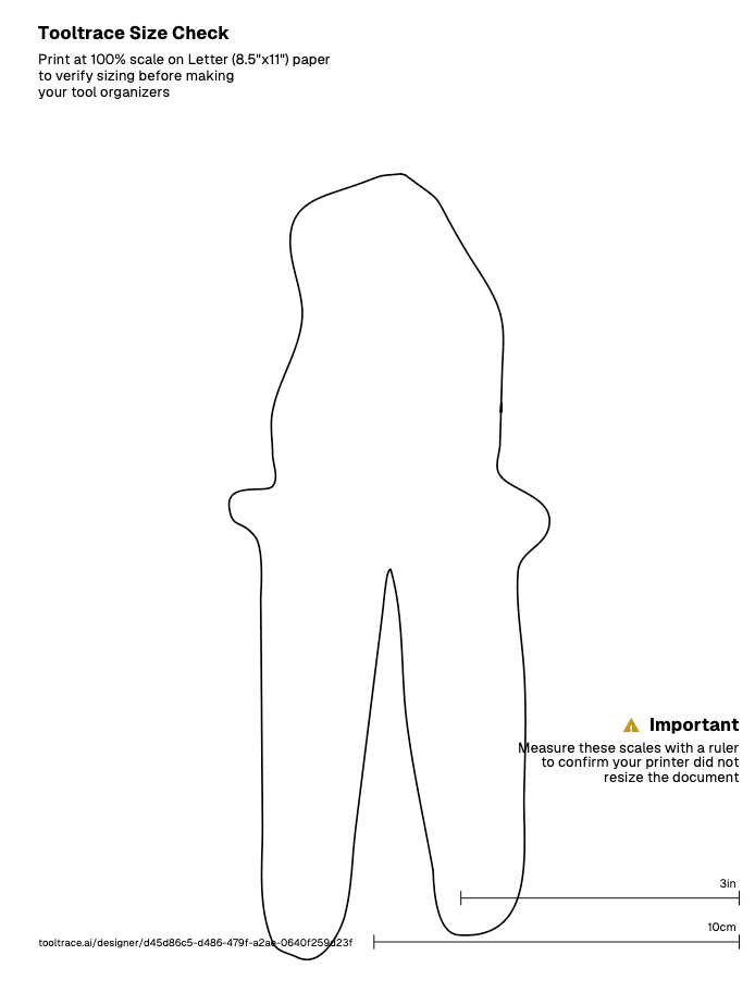 Example Tooltrace size-check PDF showing a tool outline with rulers in the corner